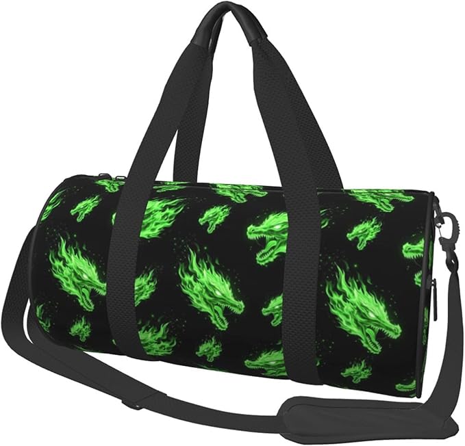 Sports Bag Lightweight with Inner Pocket Gym Bag Green Fire Flame Dragon Art Art for Men Women Duffle Bag for Travel