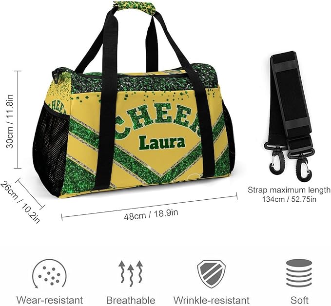 Personalized Cheer Bag Gifts for Girls Sport Cheerleading Gym Travel Duffel Bag Overnight Weekender Bags with Name (Yellow Green)