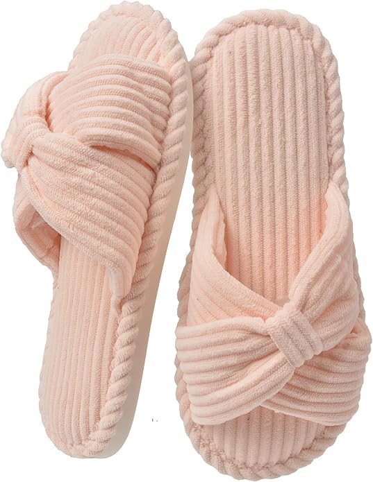 House Slippers for Women Corduroy Cross Bow Indoor Slippers Open Toe Slip On Bedroom Shoes with Memory Foam