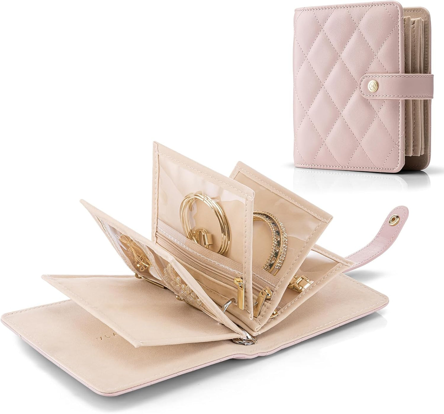 Vlando Travel Jewelry Organizer Case,Gifts for Women,Portable Jewelry Storage Book Ring Binder with Clear Zipper Velvet Pouch Bag for Traveling,Rings,Necklace,Earrings,Bracelets,Brooches-Sand Pink