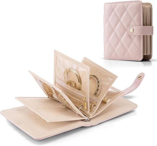 Vlando Travel Jewelry Organizer Case,Gifts for Women,Portable Jewelry Storage Book Ring Binder with Clear Zipper Velvet Pouch Bag for Traveling,Rings,Necklace,Earrings,Bracelets,Brooches-Sand Pink