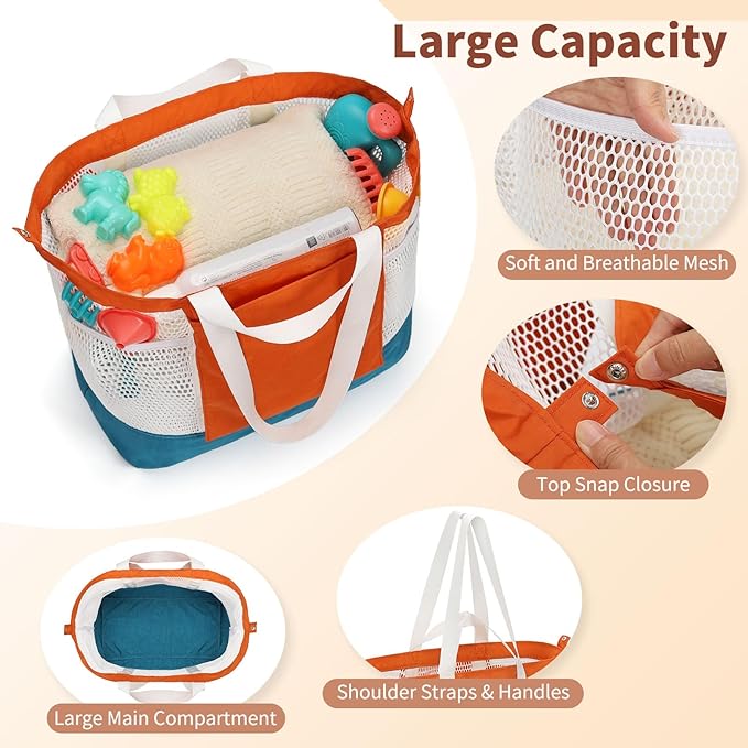 Mesh Beach Bag, Extra Large Beach Bags for Women, Lightweight Foldable Sandproof Tote Bag for Family & Vacation