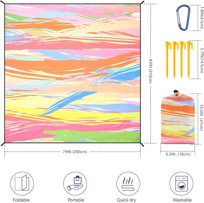 Beach Blanket Waterproof Sandproof Beach Mat for 1-8 Adults Quick Drying Durable Outdoor Picnic Mat for Beach Festival Travel Camping Hiking (Colorful Stick, 79"×83"(4 Person))