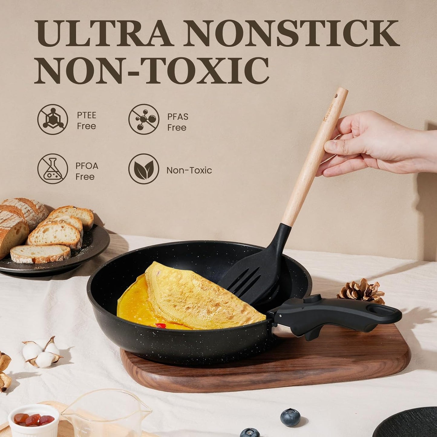 KIKCOIN 22 Pcs Pots and Pans Set Non Stick, Detachable Handle Cookware Sets Nonstick, RV Kitchen Cooking Set with Removable Handles, Frying Pans - Induction/Dishwasher/Oven Safe (Black)