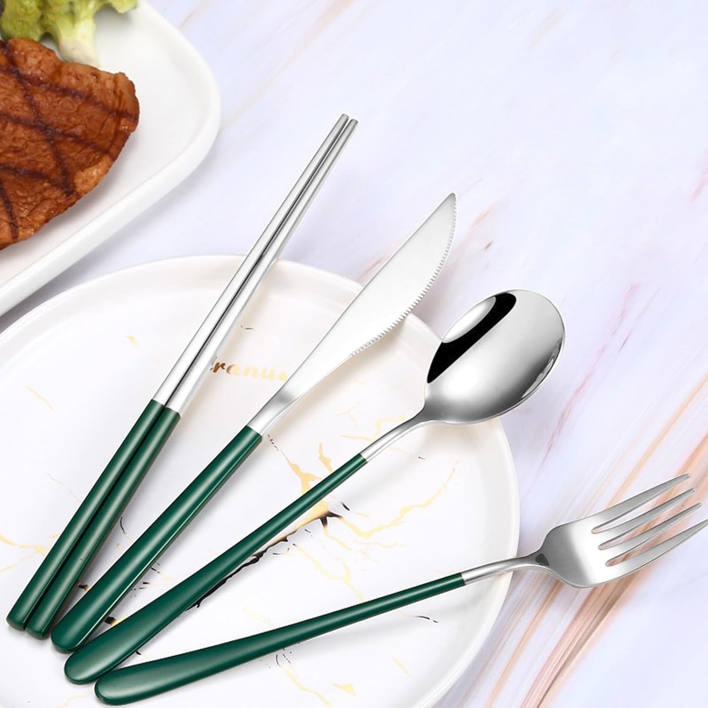 VANRA 4-Piece Portable Travel Utensils Set with Case 18/8 Stainless Steel Flatware Set Reusable Cutlery Set with Fork Spoon Knife Chopstick for Lunch Travel Camping School Work Picnic (Deep Green)