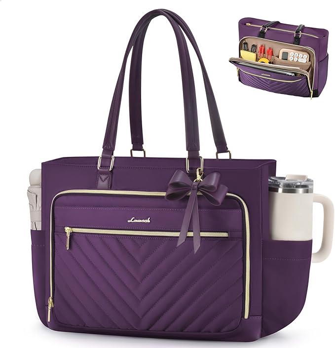 LOVEVOOK 17 Inch Laptop Tote Bag for Women, Work Bag for Teacher with Large Cup Holder,Quilted Nurse Diaper Bag for Travel, Computer Women's handbags for Teacher gift, Purple