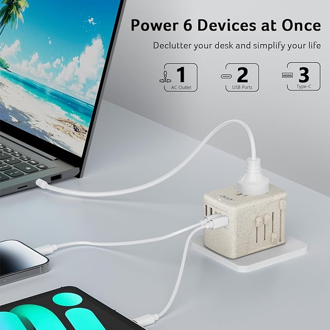 Acer Universal Travel Plug Adapter - International Power Adapter with 5 USB Ports (3 USB C) 5.8A, Worldwide Outlet Charger for USA to European UK France Germany Spain, Type C/E/F/G/I/L/A,Beige