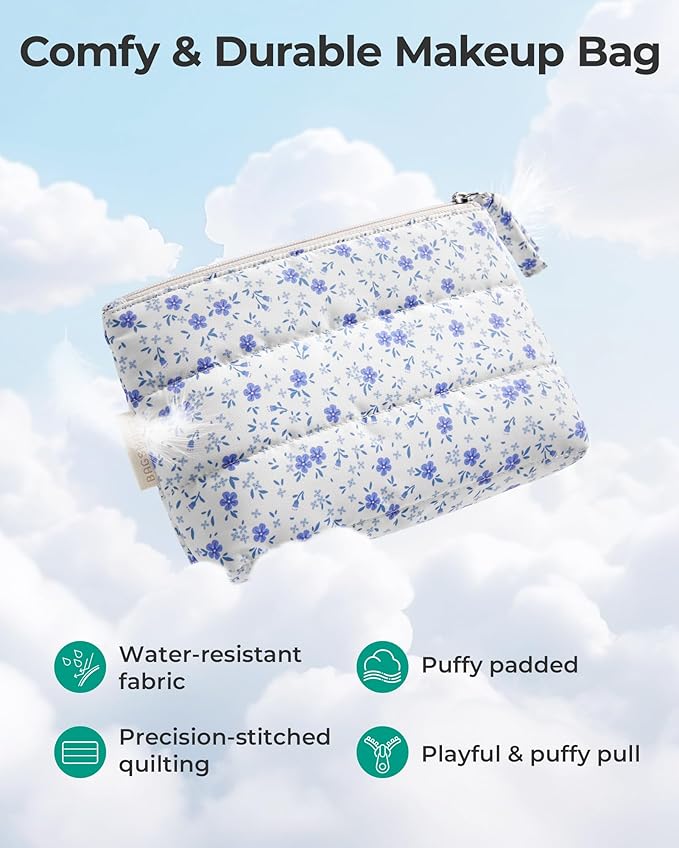 BAGSMART Small Makeup Bag, Puffy Portable Cosmetic Pouch with Charm Zipper, Water-Resistant Travel Organizer for Women (Khaki Checkerboard, Small)