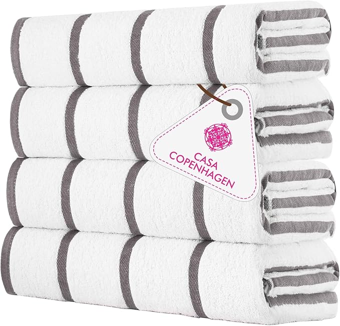 CASA COPENHAGEN Cabana Pool 4Pcs 100% Egyptian Cotton Large Designer Beach Towels Gift Set- White Grey, 500GSM, 55"x27", 4 Beach Bath Towels (Box Pack, Set for Women & Men)