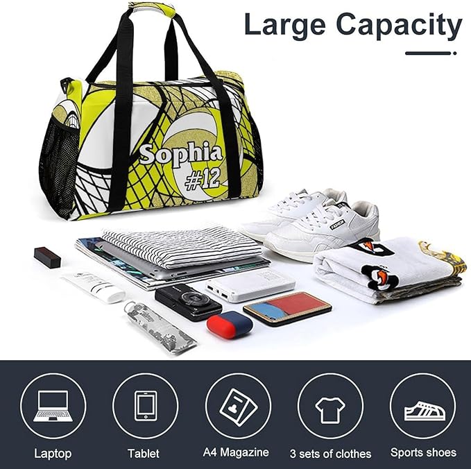 Custom Volleyball Yellow Gold Duffel Bag with Name Personalized Travel Bags Sport Gym Bag Carry On Weekender Bags for Men Women