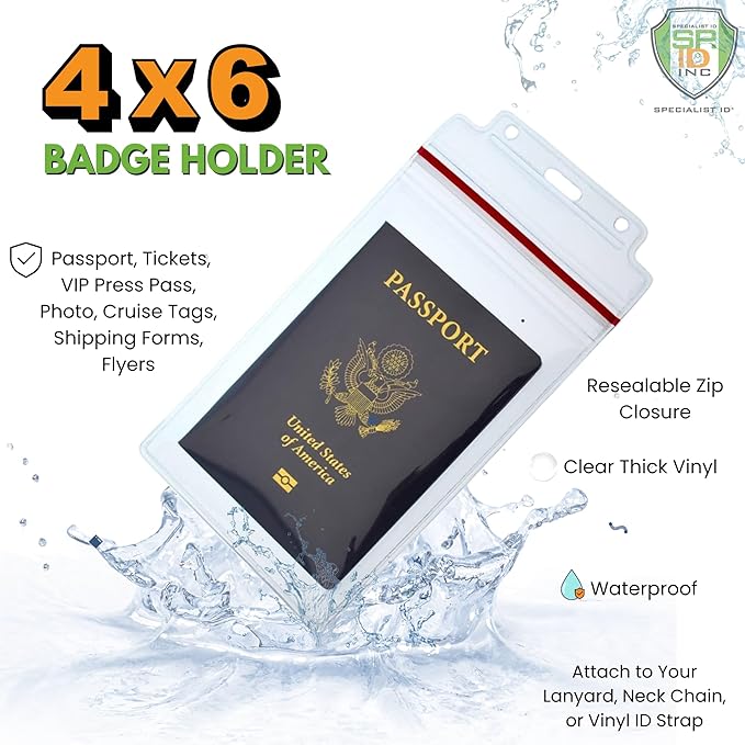 5 Pack - Extra Large Waterproof Badge Holder - 4 X 6 Inch Passport Size - Heavy Duty with Resealable Zip Top Closure - Clear Plastic 4x6 Vertical Holders by Specialist ID (Great for Cruise Essentials)