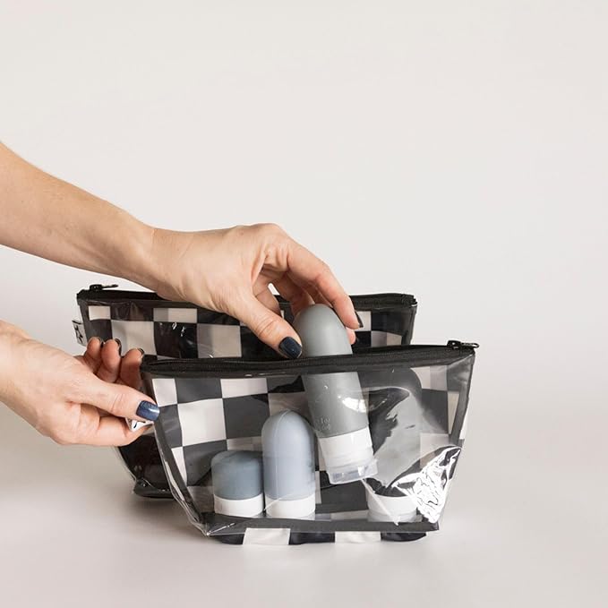 Tiny Twinkle Diaper Bag Organizing Pouches | 2 Pack Mess-Proof Travel Organizer Bags with Structured Bottom & Clear Front | TSA Approved Toiletry Bag Set for Baby and Mom Essentials (Black Checkers)