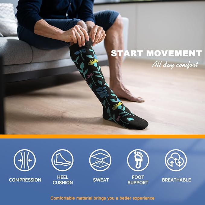 bropite Flora Compression Socks for Women & Men-Knee high 6 Pairs 20-30mmhg Support Running Nurse Travel