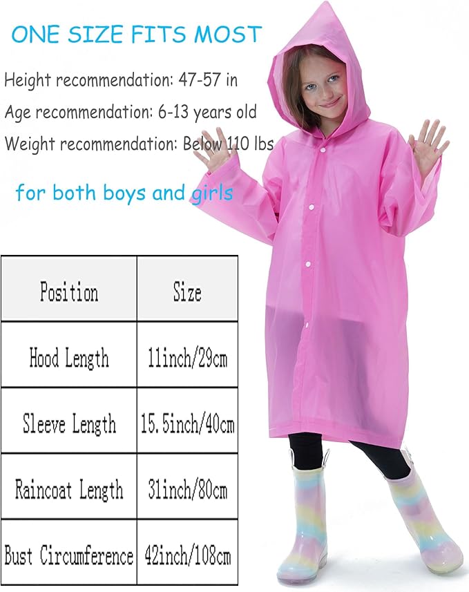 2 Pack Reusable Waterproof Raincoat EVA Emergency Rain Ponchos One Size Rain Jacket for Children, Boys and Girls