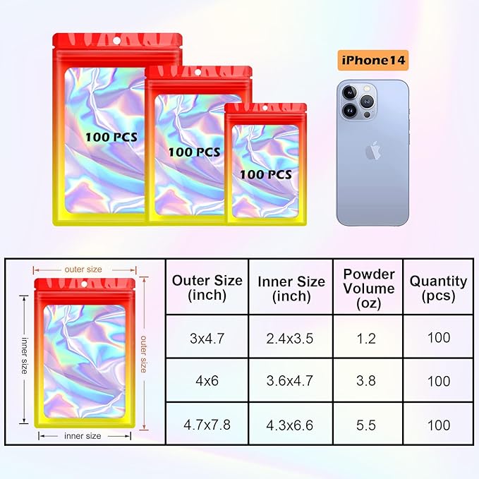 300 Pcs Reusable Holographic Mylar Bags, 3 Sizes, Smell Proof, Airtight, Multi-layered Polyethylene (PE) with Zipper Closure, Red Yellow