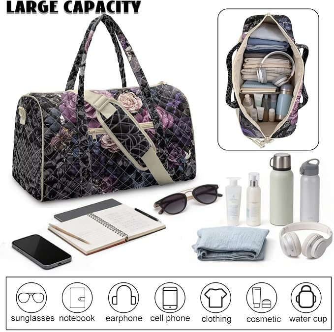 COEQINE Halloween Purses for Women Travel Quilted Duffle Print Travel Gym Bag Black Gothic Floral Skull Gothic Purse Large Packable Travel Bag
