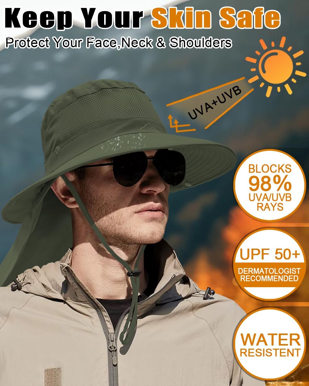 Outdoor Sun Hats with Stowable Neck Flap for Men Women UPF 50+ Mesh Summer Bucket Hat Wide Brim for Fishing Safari Hiking