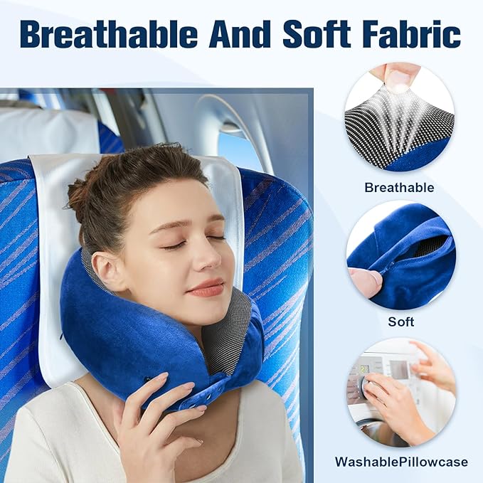 Neck Pillow for Traveling, Travel Pillows for Airplanes,100% Pure Memory Foam Travel Neck Pillow, Adjustable Flight Pillow, Portable Plane Accessories with Eye Mask, Earplugs, Carry Bag