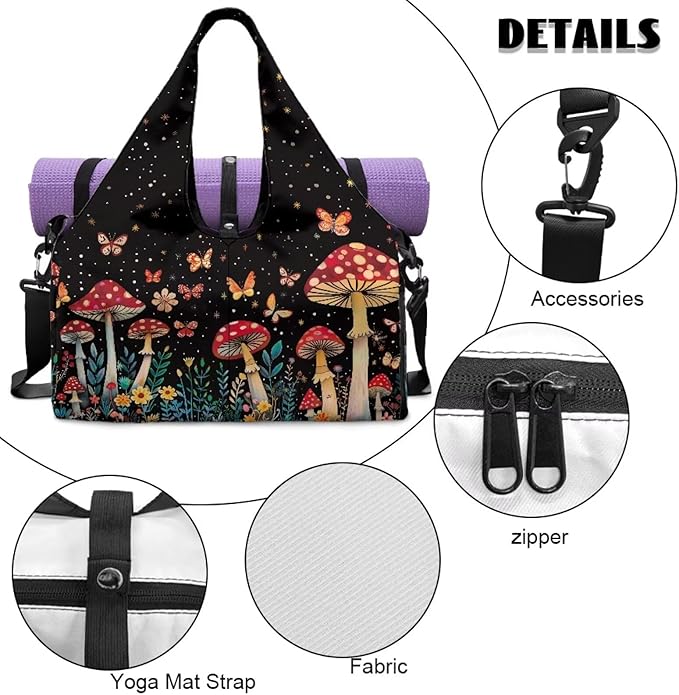 Mushroom Butterfly Gym Bag for Women Sports Travel Duffle Bag with Shoe Compartment Lightweight Swim Overnight Weekender Yoga Carry on Bags Gifts for Mom, Wife, Daughter
