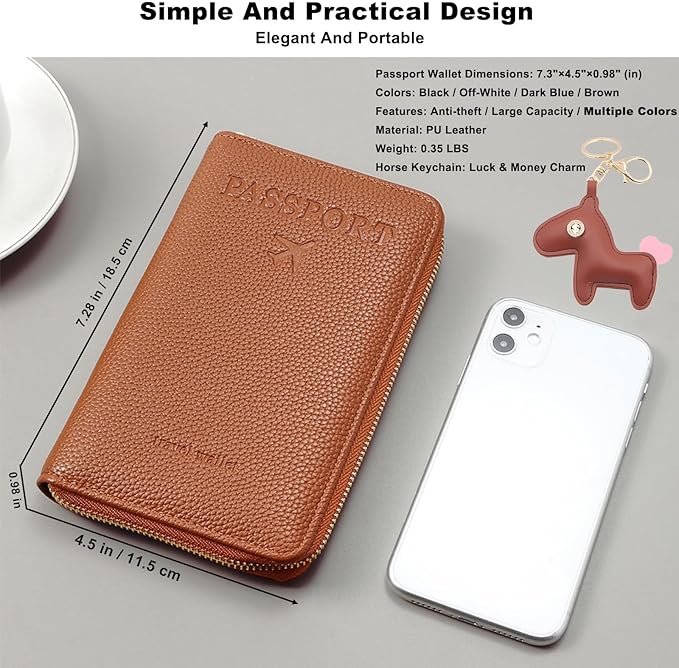 Multi-Functional Passport Holder Cover with Purse Charms,Premium Travel Wallet RFID Blocking Passport Cover Card Case for Holds Phones, Passports, Cash, Cards & Boarding Passes-Brown