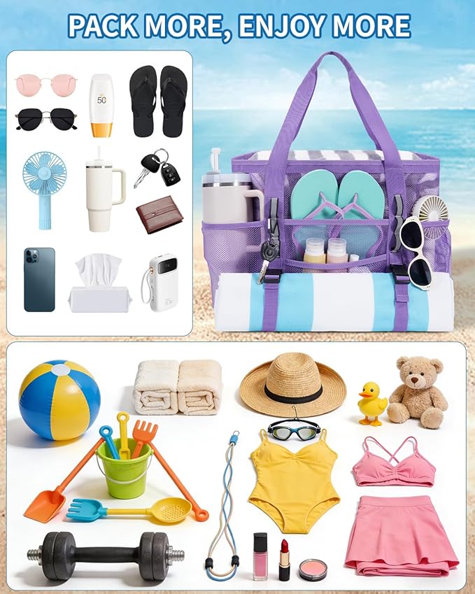 WANDF Mesh Beach Bag for Women, Large Beach Tote Bags with 40oz Tumbler Side Pockets, Family Pool Bag for Swim Toys Towels Cruise Vacation Essentials (Purple) | Breathable