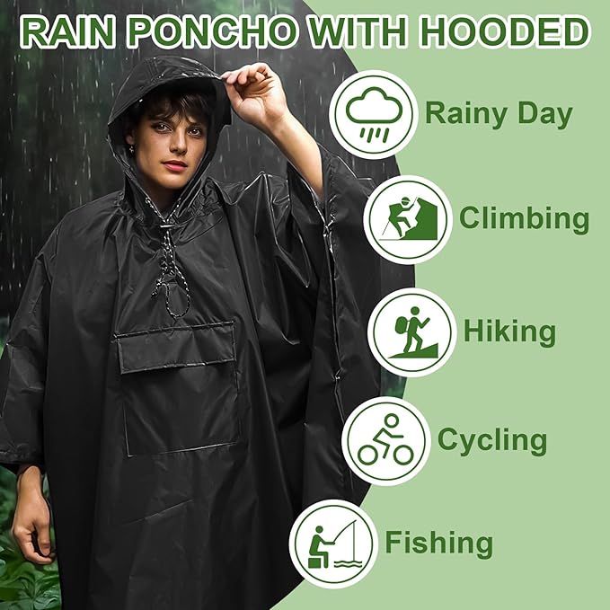 Hooded Rain Poncho for Adults - Waterproof Rain Coat and Lightweight Jacket 3-in-1 Multi-Function with Pockets