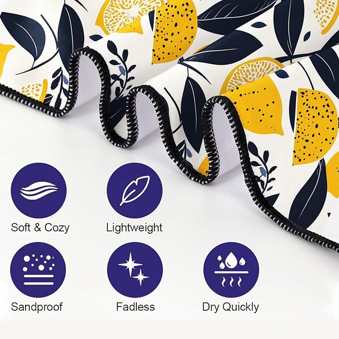 Lemons Pattern Beach Towel Extra Large 36" x 72", Thin Lightweight Microfiber Towels with Fruit Design, Sand Free and Quick Dry, Compact Bag