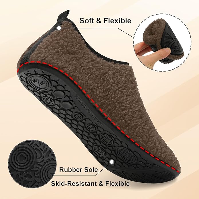 QFH Womens & Mens Cozy House Slippers - Portable Travel Shoes with Flexible Rubber Sole & Soft Velvet Lining