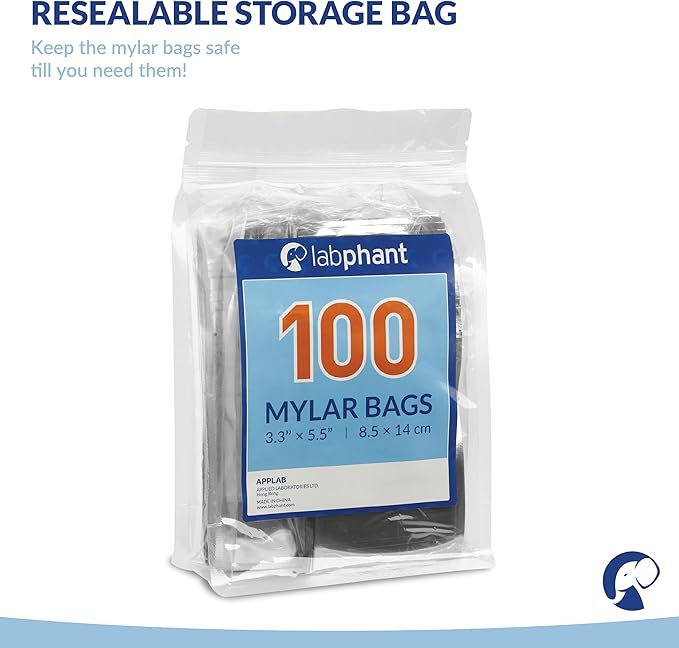 Mylar Bags with Zipper Seal 3.3 x 5.5” | 100 Bags | Resealable Heat Seal Bags for Candy and Food Packaging, Medications and Vitamins | Plastic and Aluminum Foil Packets for Liquid and Solids