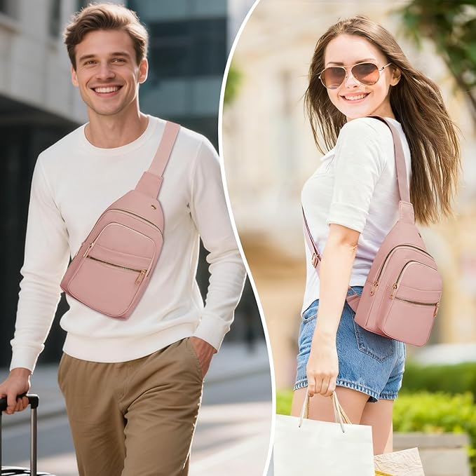 Small RFID Waterproof Travel Crossbody Sling Bags for Women Men, Hands Free Lightweight Sling Backpack Fanny Pack Cross Body Bag for Outdoors Hiking Traveling Fitness Commuting Leisure Pink