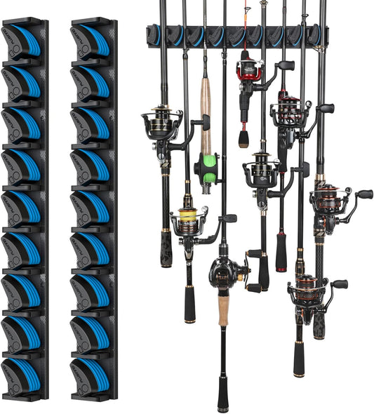 PLUSINNO 2 pack Vertical Fishing Rod rack, Wall Mounted Fishing Rod holder, 2 Packs Fishing Pole Holders Hold Up to 18 Rods or Combos, Fishing rod holders for garage, Fits Most Rods of Diameter 3-18mm