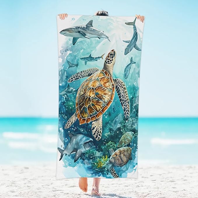 Turtle Shark Undersea Beach Towel, Large Microfiber Quick Dry Lightweight Pool Bath Towels Sand Free Beach Blanket for Summer Cruise Yoga Camping Travel Vacation Essentials 31 x 61 in