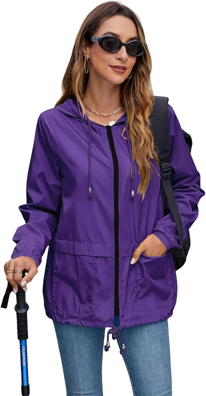 Hount Women's Lightweight Hooded Raincoat Waterproof Packable Active Outdoor Rain Jacket (S-3XL)