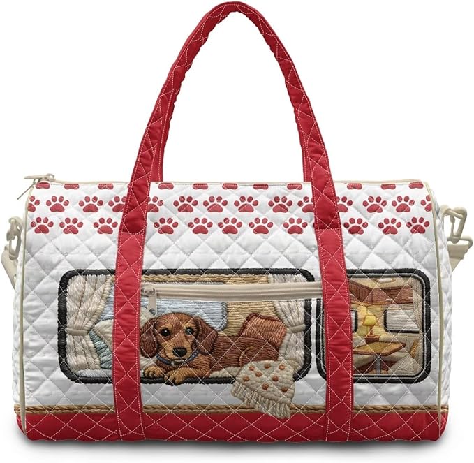 COEQINE Red Quilted Travel Bag for Women Cute Dachshund Dog Camper Car Print Quilted Tote Bag Large Car for Travel Duffle Bag Weekender Carry on Gym Backpack Purses for Womens