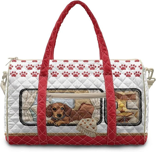 COEQINE Red Quilted Travel Bag for Women Cute Dachshund Dog Camper Car Print Quilted Tote Bag Large Car for Travel Duffle Bag Weekender Carry on Gym Backpack Purses for Womens
