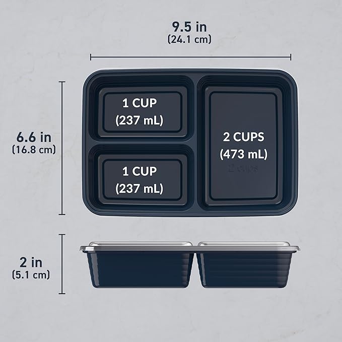 Bentgo Prep - 20-Piece 3-Compartment Reusable Meal Prep Containers with Lids, PFAS & BPA Free Materials, Durable, Microwave, Freezer, & Dishwasher Safe To Go Food Storage (Navy Blue)