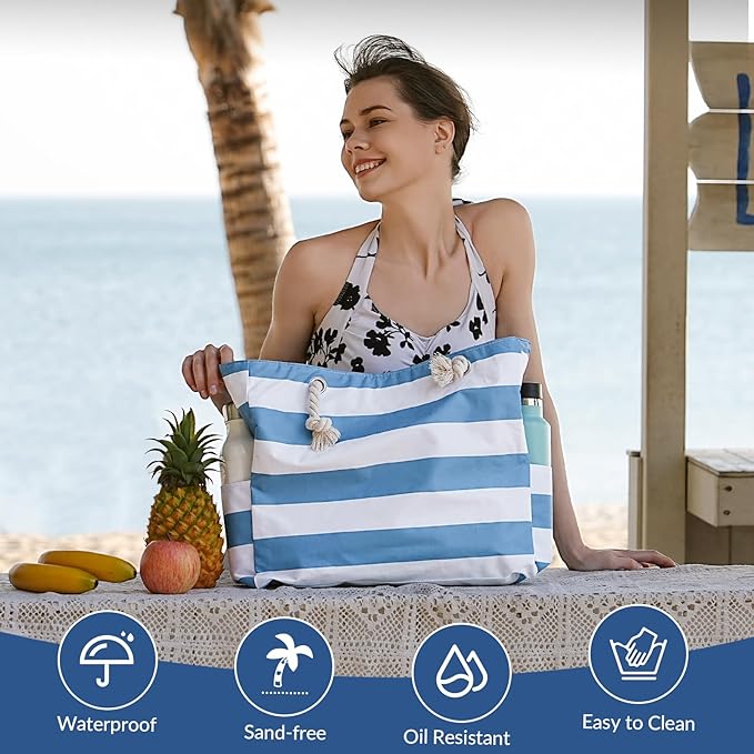 Clothirily Beach Bag for Women - Large Beach Tote Bag, Waterproof Sandproof Beach Bag with Zipper, Large Swim Pool Beach Tote