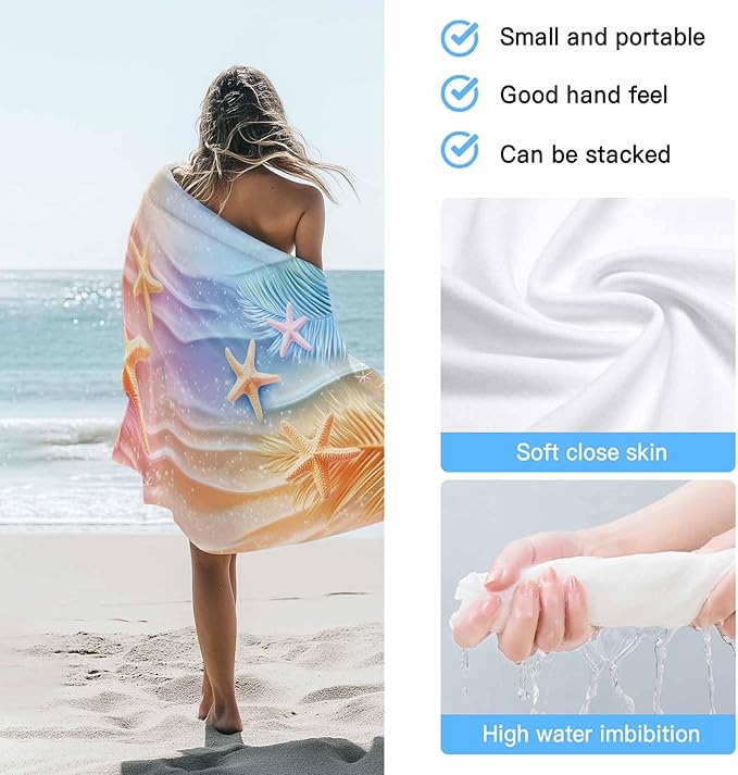 Summer Palm Leaves Beach Towel 30" x 60" Ocean Starfish Quick Dry Sand Free Pool Towels Dreamy Gradient Soft & Absorbent Compact Towels Beach Accessories for Travel Bathroom Swimming Pool