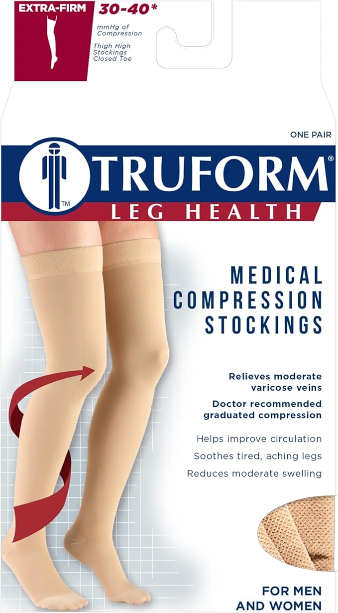 Truform 30-40 mmHg Compression Stockings for Men and Women, Thigh High Length, Dot-Top, Closed Toe, Black, Medium