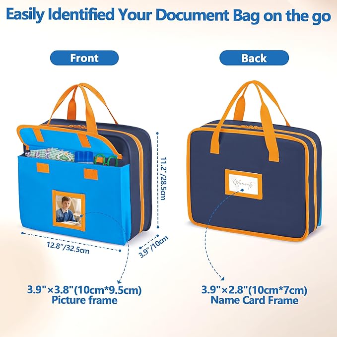 Zipper Document Bag for Boys and Girls, 9 Expandable Folders, Baby Portfolio Organizer Case with Customized Photo and Name Areas, Blue