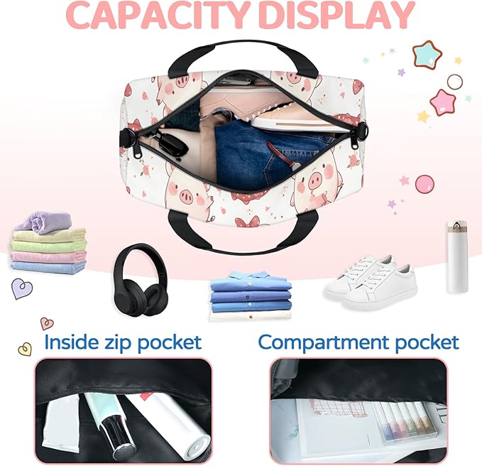 Pink Pig Travel Duffle Bag for Men Women, Lightweight Sport Gym Bag Tote Overnight Weekender Carry on Tote