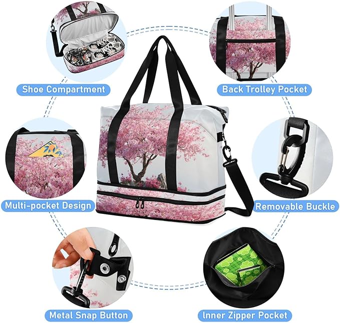 Travel Duffel Bags for Women Cherry Blossom Tree on Water Island Sports Duffel Bags Gym Bags with Shoes Compartment Tote Bag Weekender Bag for Travelling