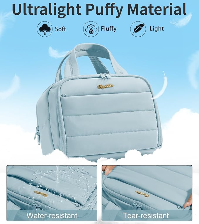 Travel Toiletry Bag for Women, Lightweight Large Quilted Puffy Makeup Bag Wide-open Make up Organizer Cloud Cosmetic Bag w/Handle for Traveling Toiletries Essentials Accessories Light Blue