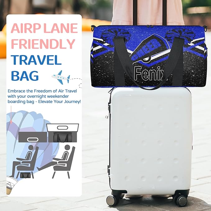 Custom Cheerleading Bag with Name, Personalized Large Sports Duffle Gym Bag for Travel, Cheerleader Royal Blue with Glitters Effect