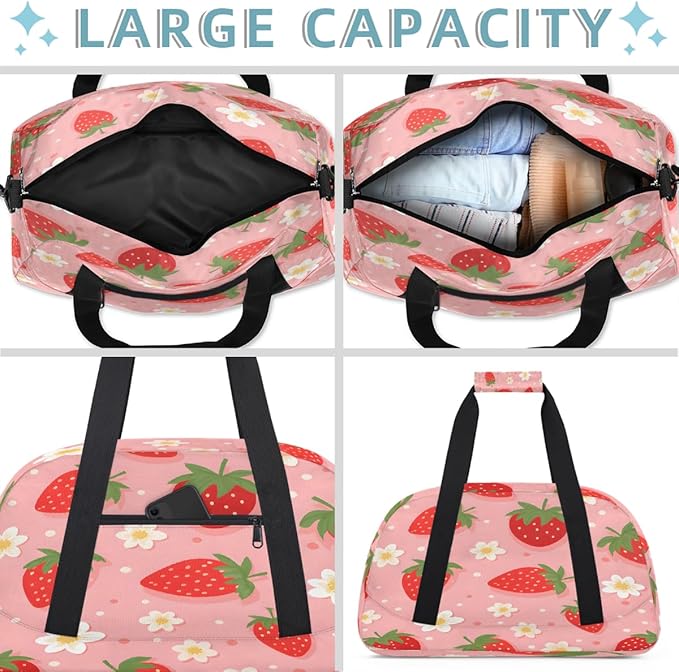 Duffle Bag for Women Men, Pink Strawberry Flower Print Gym Bag for Travel Sports, Lightweight Waterproof Weekender Overnight Bags with Adjustable Strap
