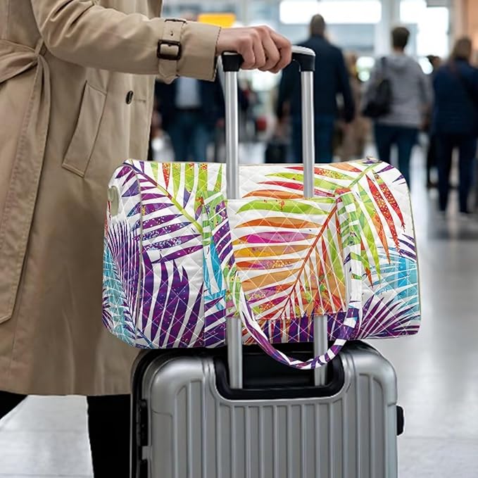 COEQINE Colorful Tropical Leaf Purses for Men Travel Quilted Duffle Print Travel Gym Bag Large Packable Travel Bag