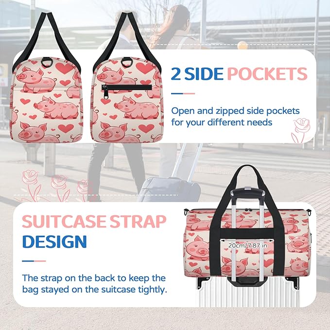 Pink Pigs Travel Duffle Bag for Women Men, Overnight Weekender Bag, Carry on Tote for Sport Gym