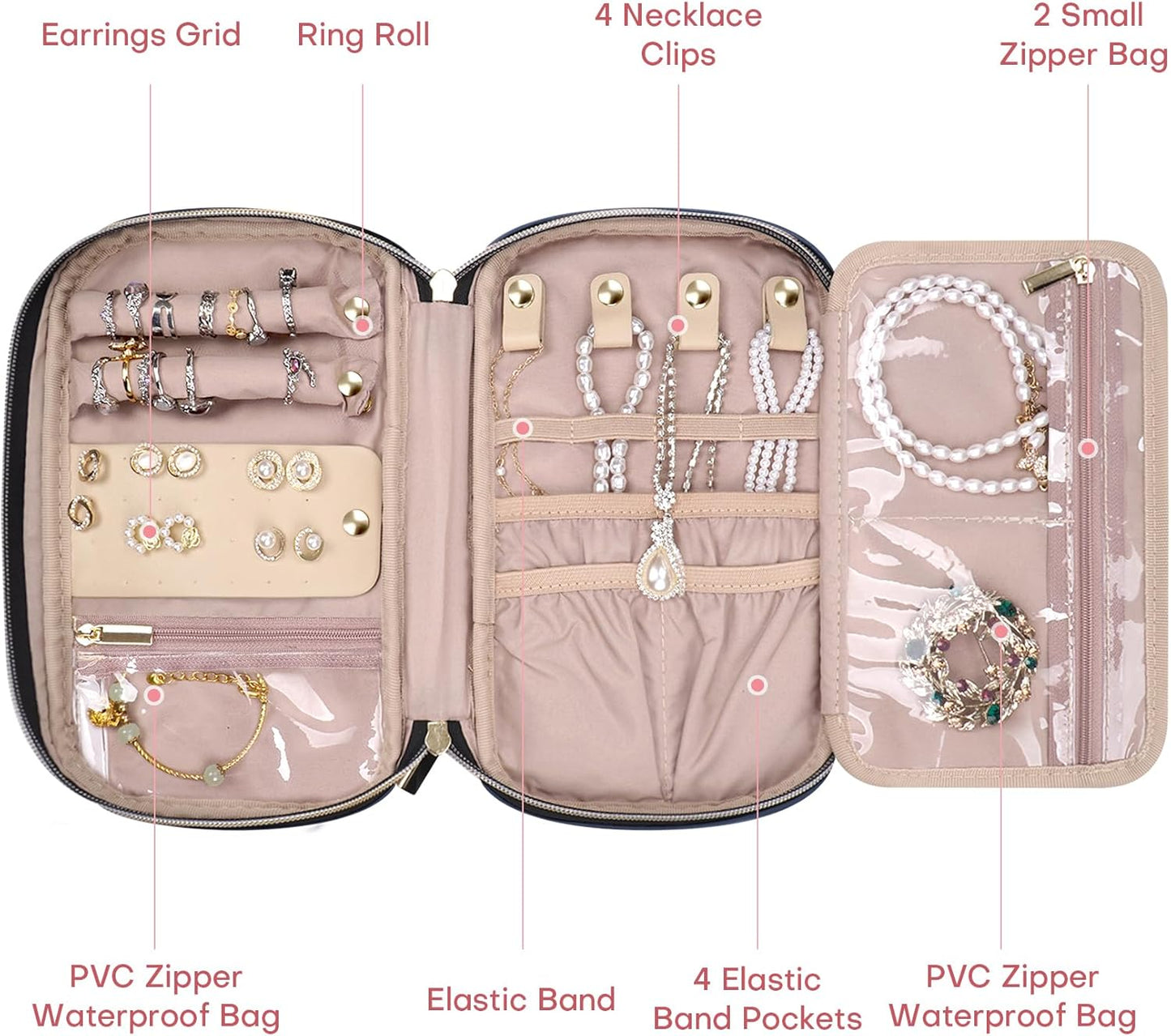 Jewelry Travel Case Organizer for Necklaces, Earrings, Rings, Bracelet, Watch, Soft Sided, Blue