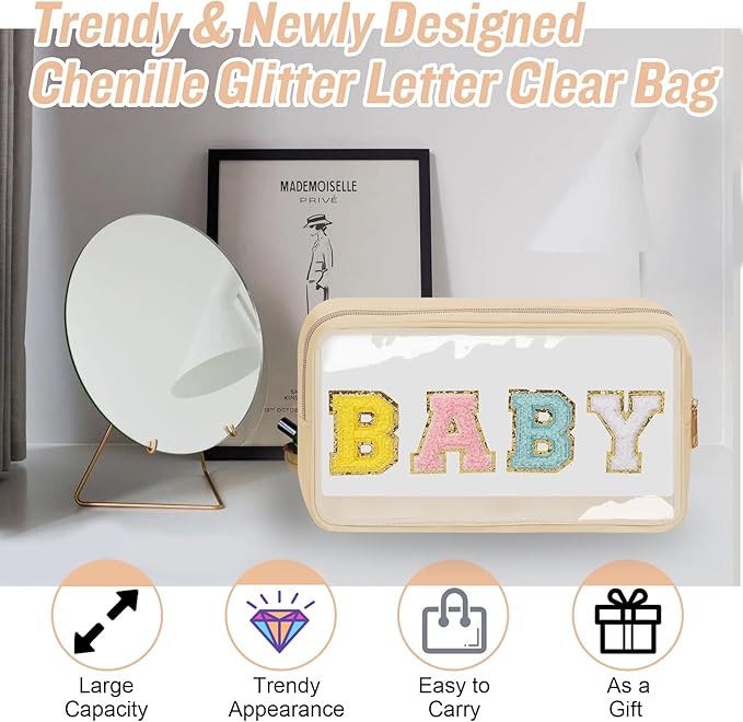 izuzta 2 Pcs Chenille Letter Clear Makeup Bag Mama Baby Pouch, Hospital Duffle Pink Diaper Organizing Pouches with Zipper, Travel Toiletry Nylon Cosmetic for Women(MAMA+BABY)