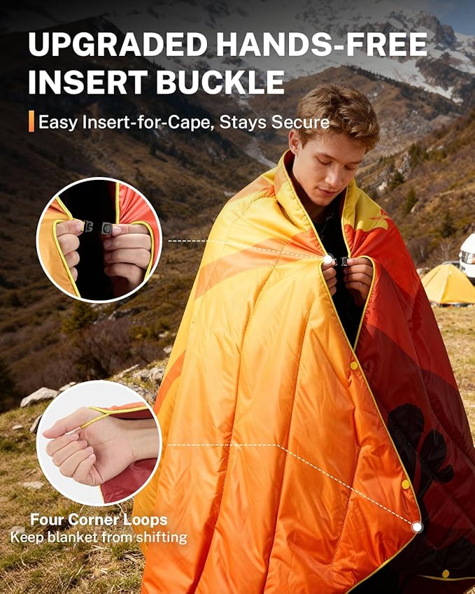 Gonex Camping Blanket with Aero-Warmth Tech Layer, Puffy Printed Packable Blanket Ultralight & Warm Wearable Water-Resistant Quilt for Outdoor, Camping, Hiking, Travel, Picnics 79" X 55"(Desert)
